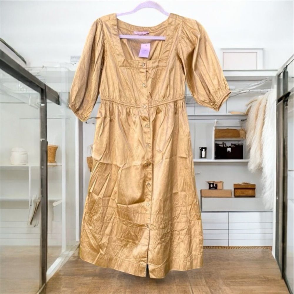 NWT NEW Calypso (Christiane Celle) Gold/Taupe Shimmer Linda Silk Dress. Small